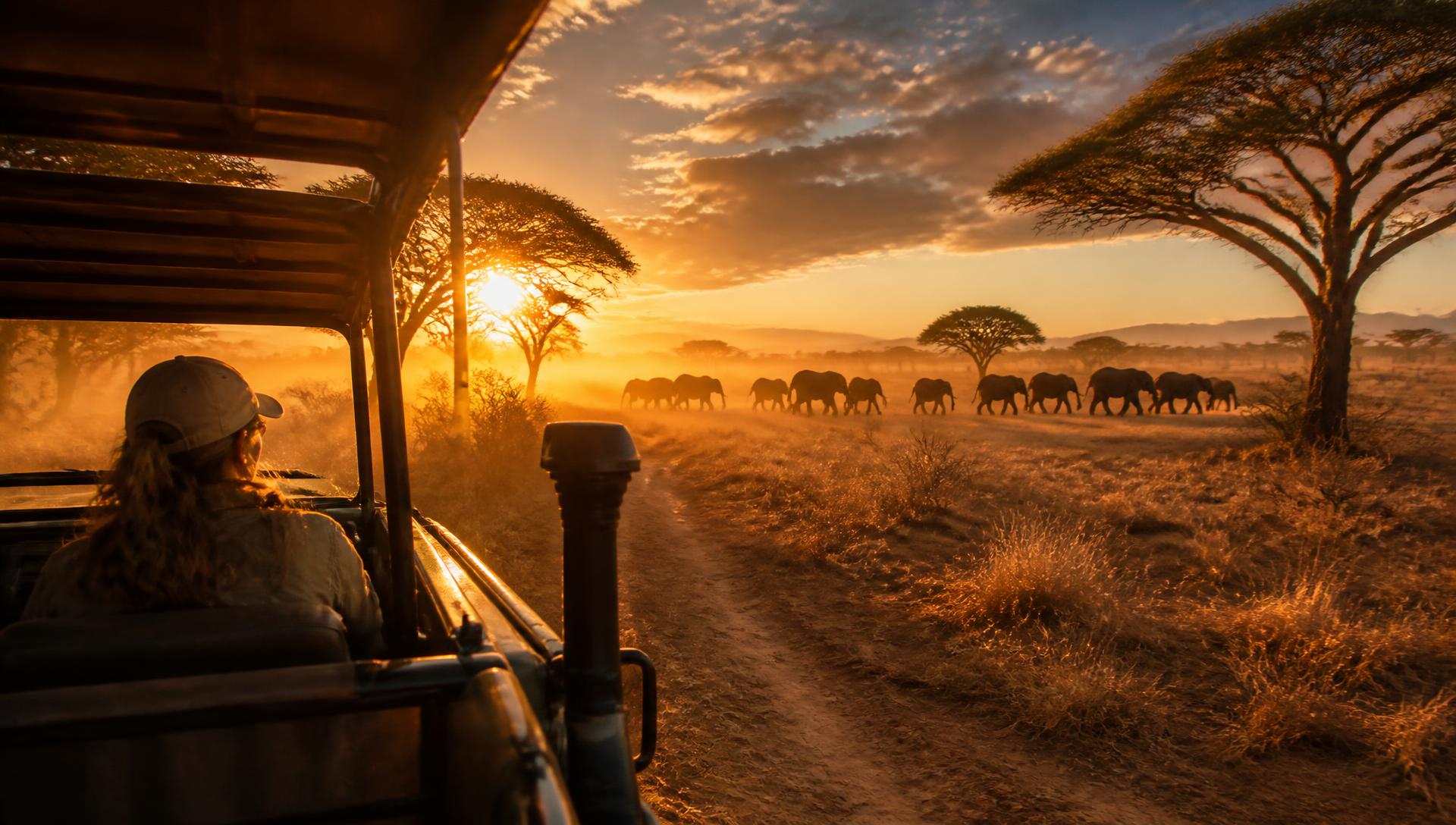 Guests watching a herd of elephants cross the Serengeti plains at sunrise from an open safari vehicle